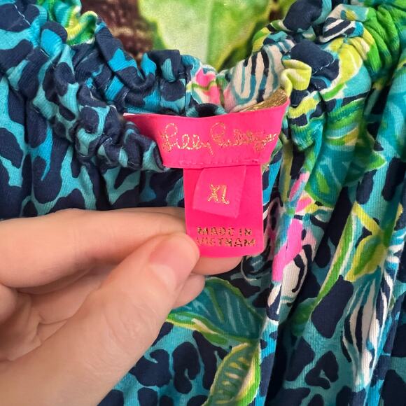 Lilly Pulitzer Camille Dress Formentera Turquoise XL Midi Floral Cheetah Puff - Picture 6 of 7